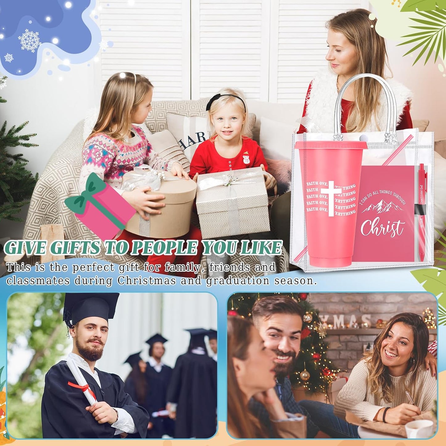 24 Sets Church Gifts Bulk for Women Mother Bible Verses Cups with Straws Cups Lids and Notebooks Pens Handbags for Church Bible Verse Valentines Inspirational Gifts