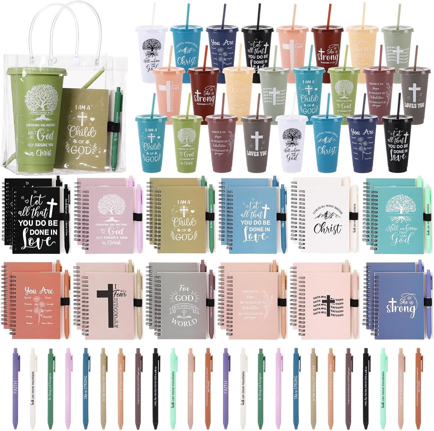 24 Sets Church Gifts Bulk for Women Mother Bible Verses Cups with Straws Cups Lids and Notebooks Pens Handbags for Church Bible Verse Valentines Inspirational Gifts