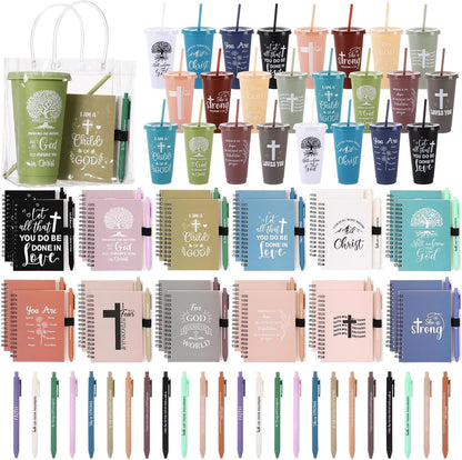 24 Sets Church Gifts Bulk for Women Mother Bible Verses Cups with Straws Cups Lids and Notebooks Pens Handbags for Church Bible Verse Valentines Inspirational Gifts