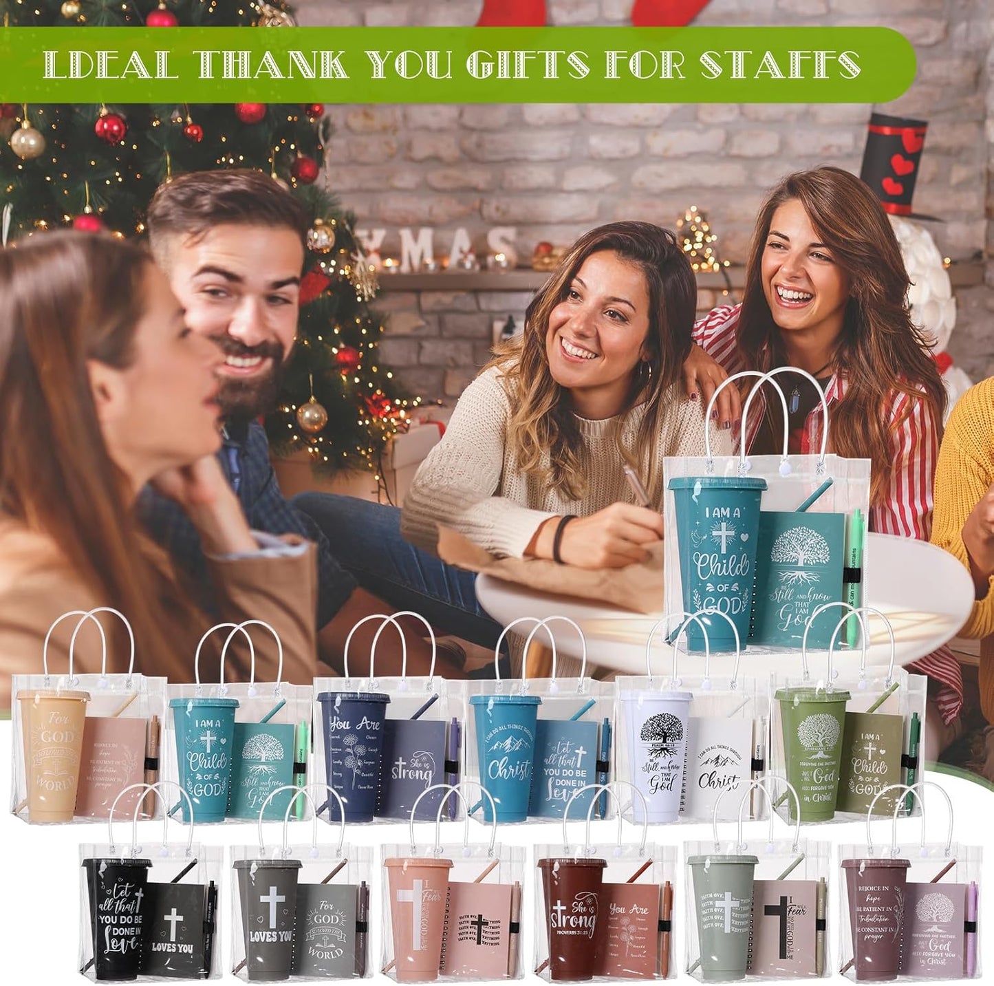 24 Sets Church Gifts Bulk for Women Mother Bible Verses Cups with Straws Cups Lids and Notebooks Pens Handbags for Church Bible Verse Valentines Inspirational Gifts