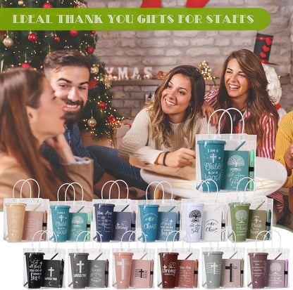 24 Sets Church Gifts Bulk for Women Mother Bible Verses Cups with Straws Cups Lids and Notebooks Pens Handbags for Church Bible Verse Valentines Inspirational Gifts