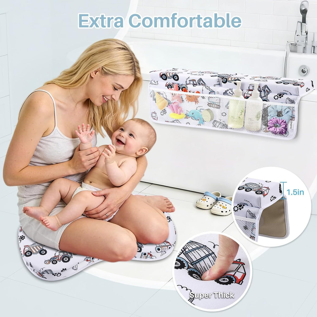 Odor-Free Baby Bath Kneeler and Elbow Rest Pad Set, 1.6'' Thick, Quickly Dry, Bathtub Kneeler Pad with Baby Toys & Bath Accessories Storage, Bath Kneeling Pad and Elbow Pad for Baby Tub(Pink)