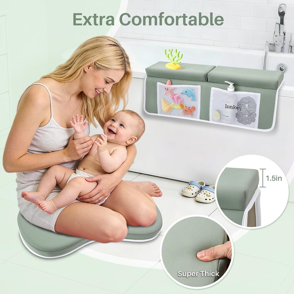 Odor-Free Baby Bath Kneeler and Elbow Rest Pad Set, 1.6'' Thick, Quickly Dry, Bathtub Kneeler Pad with Baby Toys & Bath Accessories Storage, Bath Kneeling Pad and Elbow Pad for Baby Tub(Pink)