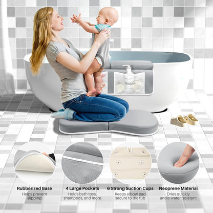 Odor-Free Baby Bath Kneeler and Elbow Rest Pad Set, 1.6'' Thick, Quickly Dry, Bathtub Kneeler Pad with Baby Toys & Bath Accessories Storage, Bath Kneeling Pad and Elbow Pad for Baby Tub(Pink)