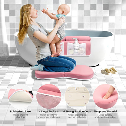 Odor-Free Baby Bath Kneeler and Elbow Rest Pad Set, 1.6'' Thick, Quickly Dry, Bathtub Kneeler Pad with Baby Toys & Bath Accessories Storage, Bath Kneeling Pad and Elbow Pad for Baby Tub(Pink)