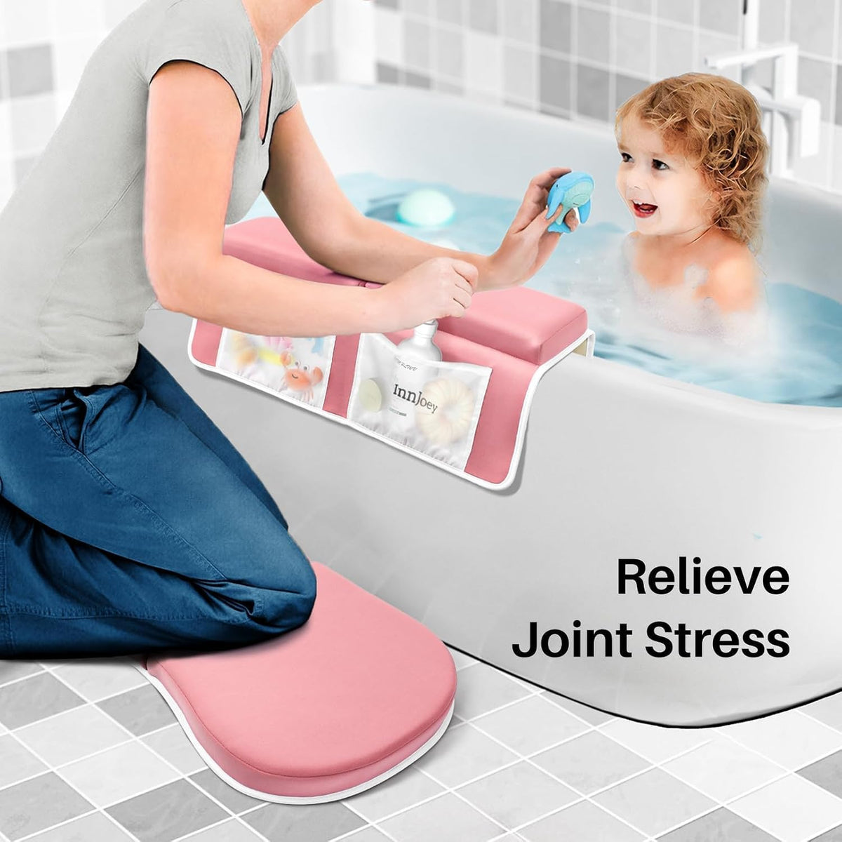 Odor-Free Baby Bath Kneeler and Elbow Rest Pad Set, 1.6'' Thick, Quickly Dry, Bathtub Kneeler Pad with Baby Toys & Bath Accessories Storage, Bath Kneeling Pad and Elbow Pad for Baby Tub(Pink)