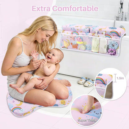 Odor-Free Baby Bath Kneeler and Elbow Rest Pad Set, 1.6'' Thick, Quickly Dry, Bathtub Kneeler Pad with Baby Toys & Bath Accessories Storage, Bath Kneeling Pad and Elbow Pad for Baby Tub(Pink)