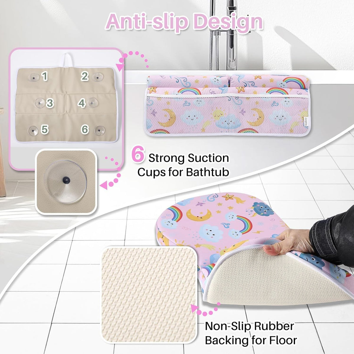 Odor-Free Baby Bath Kneeler and Elbow Rest Pad Set, 1.6'' Thick, Quickly Dry, Bathtub Kneeler Pad with Baby Toys & Bath Accessories Storage, Bath Kneeling Pad and Elbow Pad for Baby Tub(Pink)