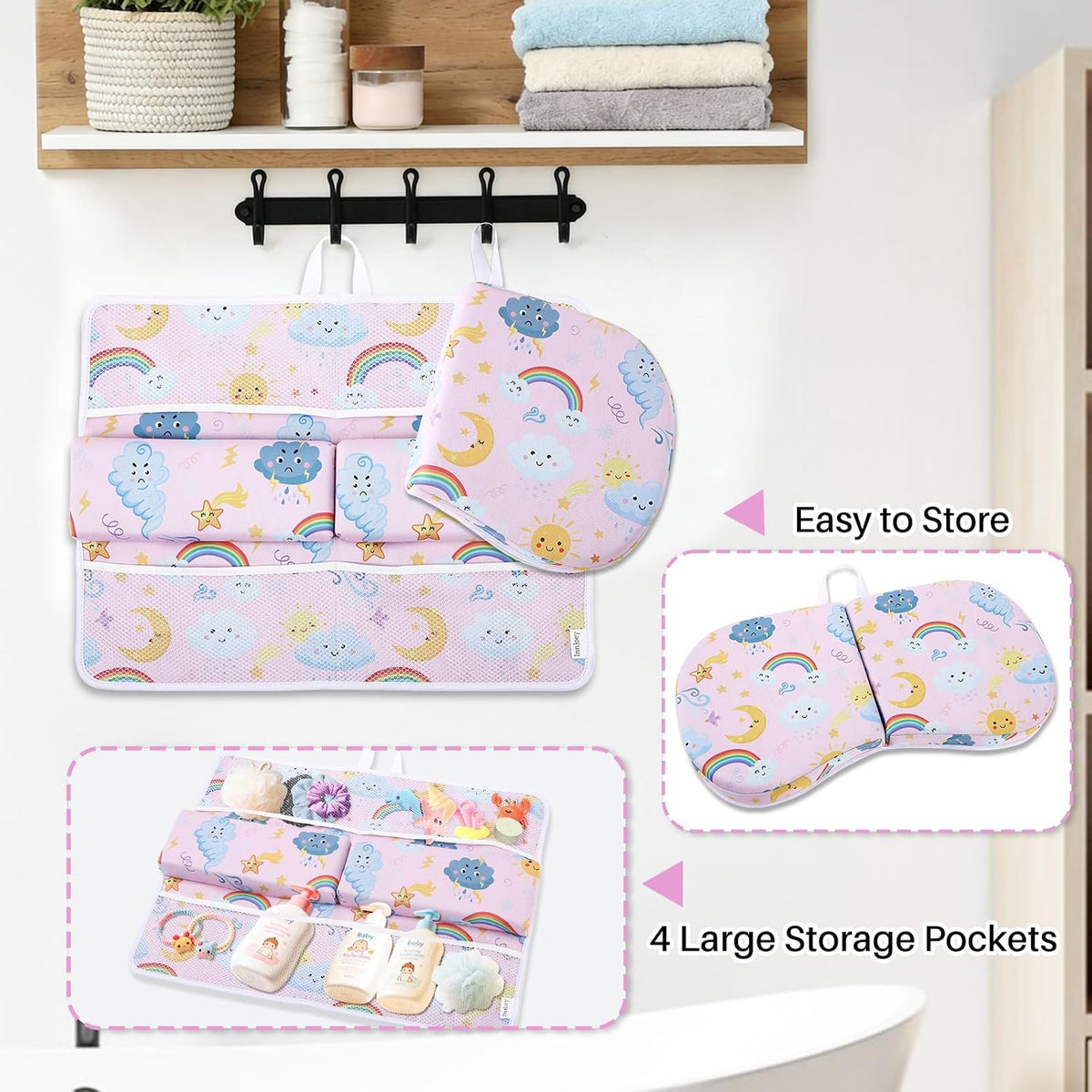 Odor-Free Baby Bath Kneeler and Elbow Rest Pad Set, 1.6'' Thick, Quickly Dry, Bathtub Kneeler Pad with Baby Toys & Bath Accessories Storage, Bath Kneeling Pad and Elbow Pad for Baby Tub(Pink)