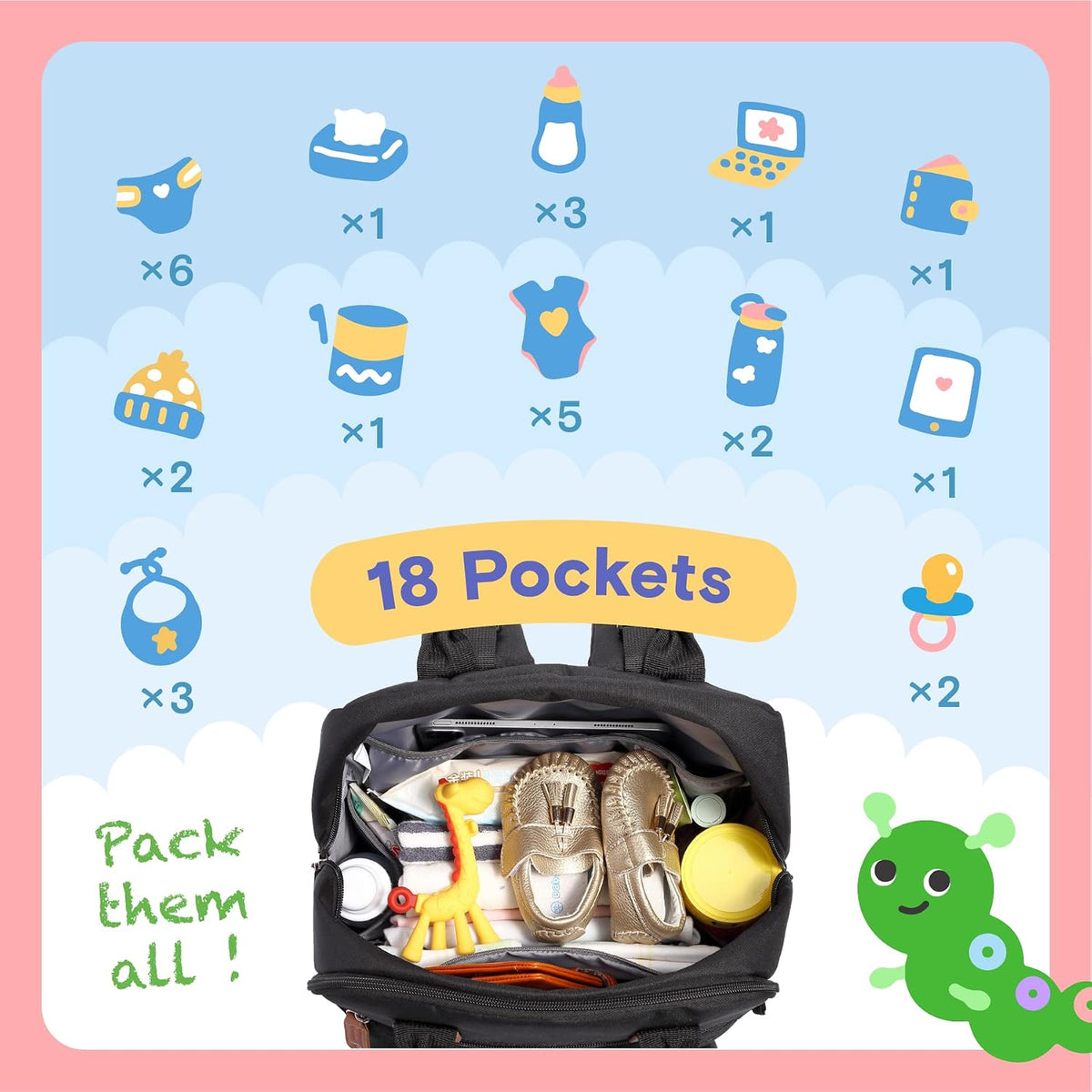 Baby Diaper Bag Backpack, 4 in 1 kit Large Capacity Travel Backpack
