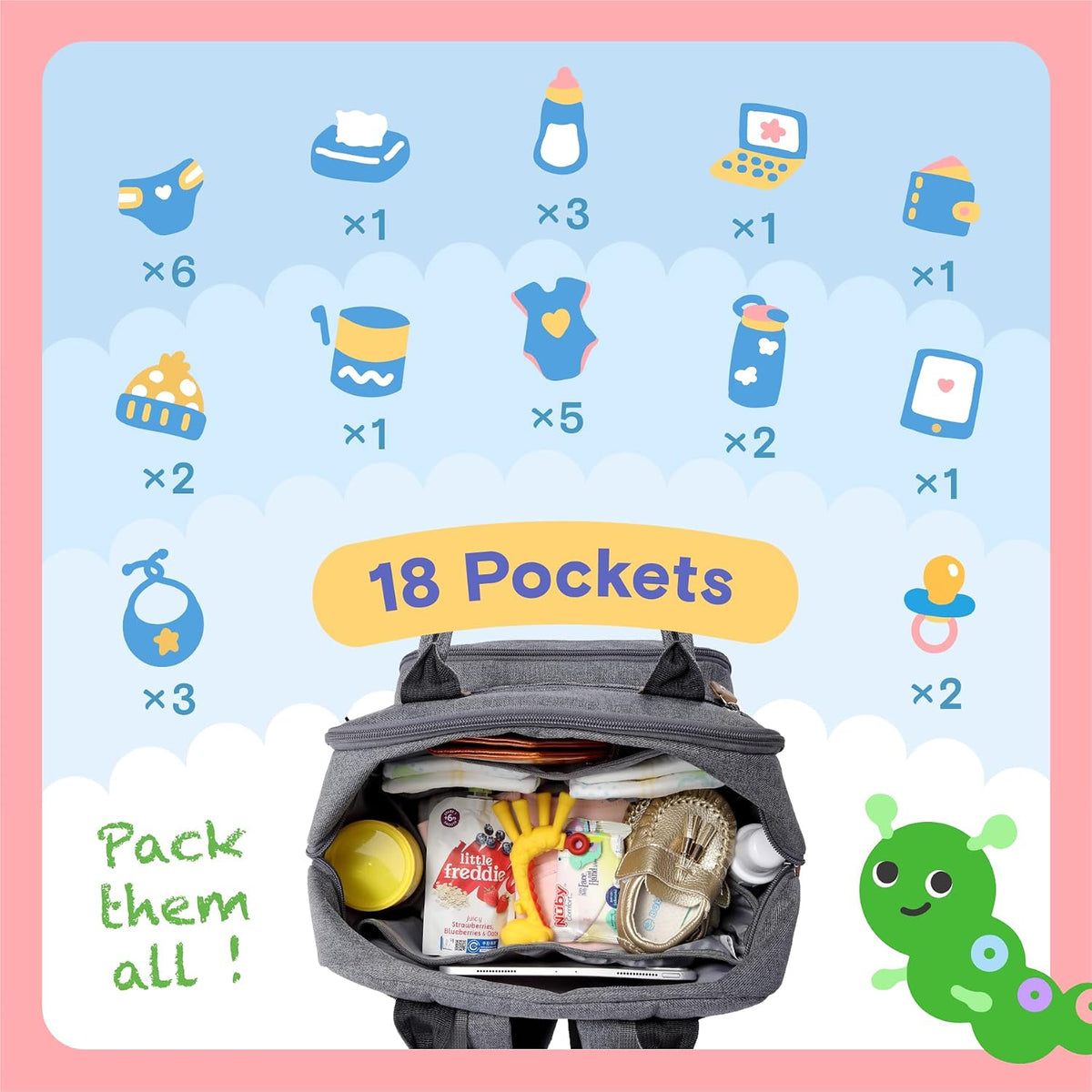 Baby Diaper Bag Backpack, 4 in 1 kit Large Capacity Travel Backpack