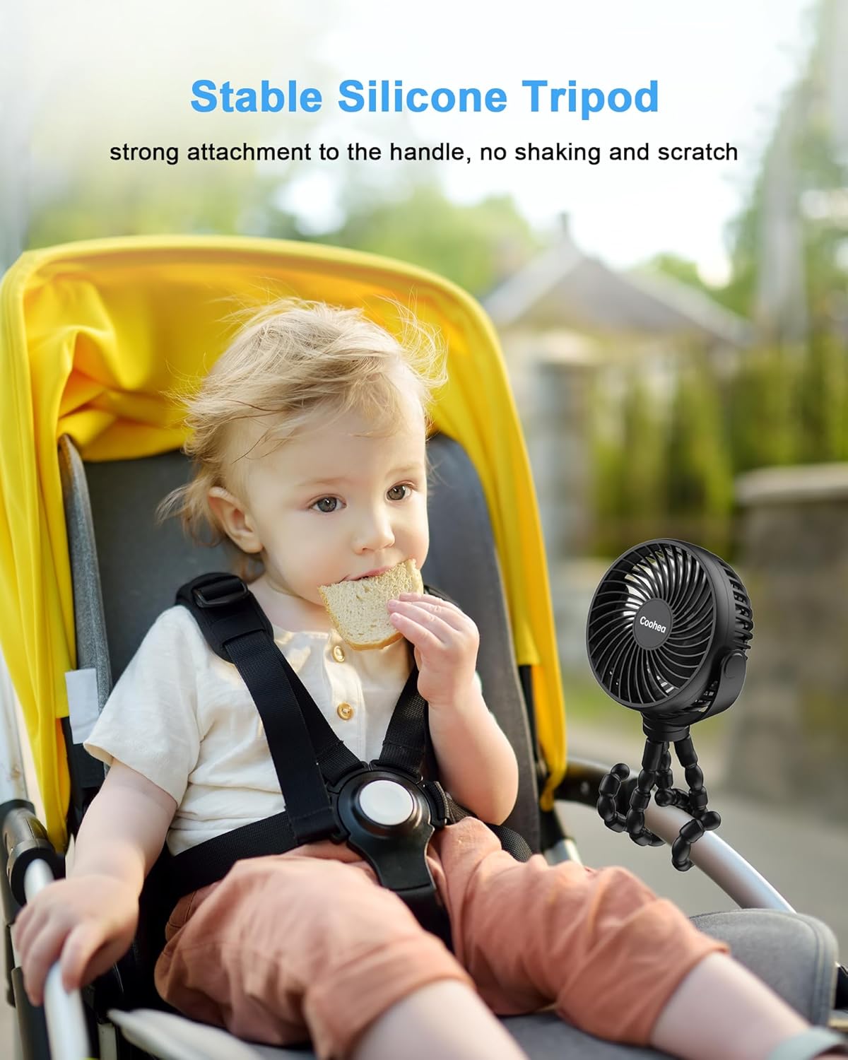 Clip on Stroller Fan, Rechargeable Long-Lasting Power Wind Fan,White
