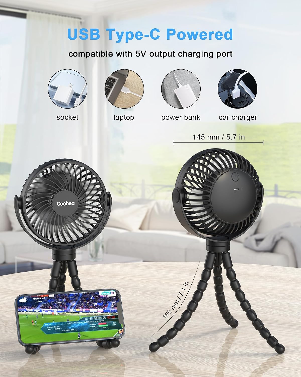 Clip on Stroller Fan, Rechargeable Long-Lasting Power Wind Fan,White