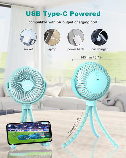 Clip on Stroller Fan, Rechargeable Long-Lasting Power Wind Fan,White