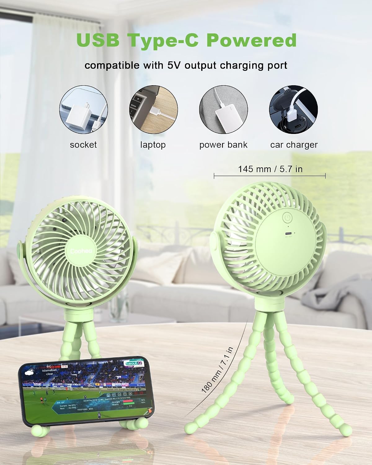 Clip on Stroller Fan, Rechargeable Long-Lasting Power Wind Fan,White