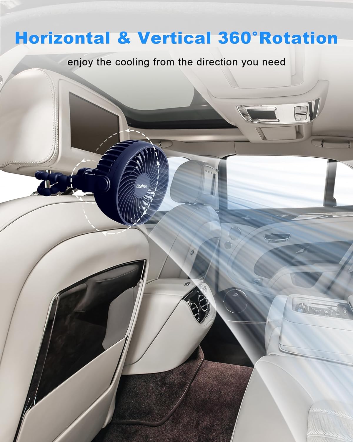 Clip on Stroller Fan, Rechargeable Long-Lasting Power Wind Fan,White