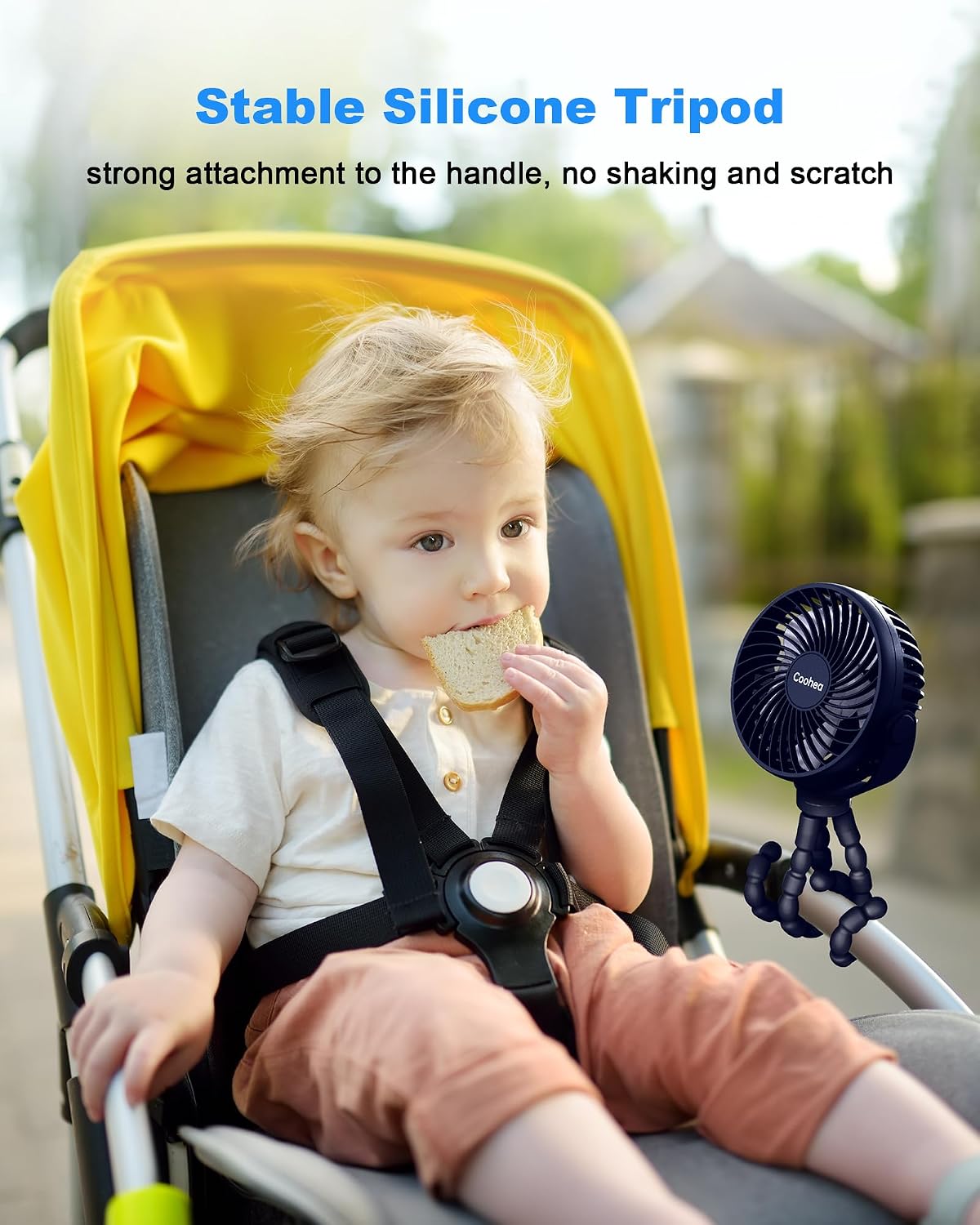 Clip on Stroller Fan, Rechargeable Long-Lasting Power Wind Fan,White