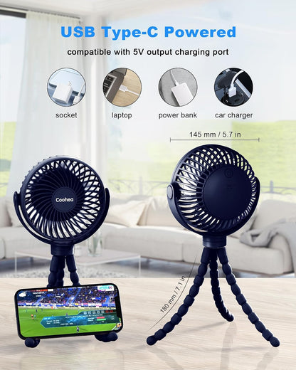 Clip on Stroller Fan, Rechargeable Long-Lasting Power Wind Fan,White