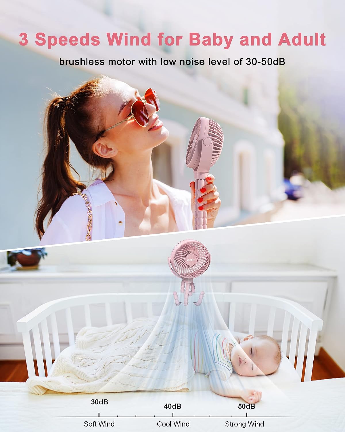 Clip on Stroller Fan, Rechargeable Long-Lasting Power Wind Fan,White