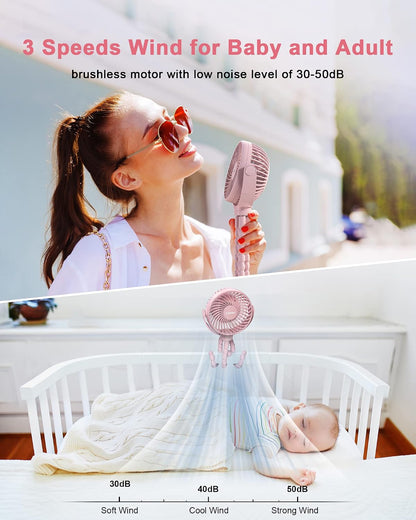 Clip on Stroller Fan, Rechargeable Long-Lasting Power Wind Fan,White