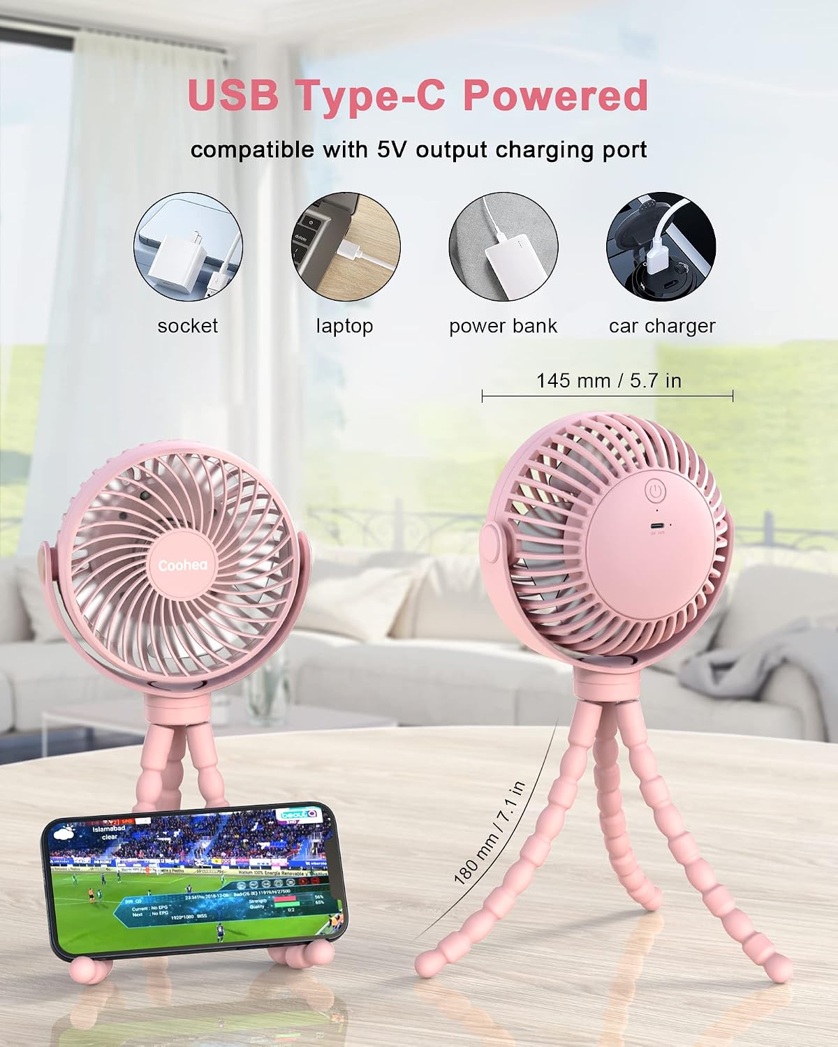 Clip on Stroller Fan, Rechargeable Long-Lasting Power Wind Fan,White
