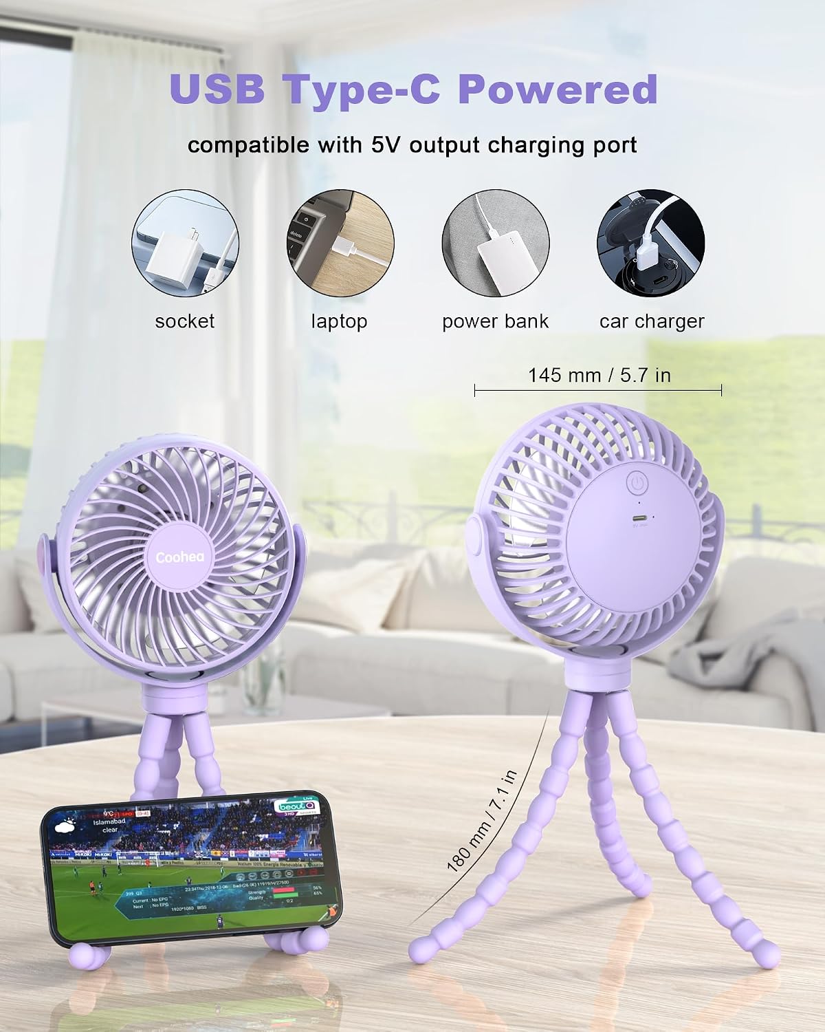 Clip on Stroller Fan, Rechargeable Long-Lasting Power Wind Fan,White