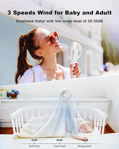 Clip on Stroller Fan, Rechargeable Long-Lasting Power Wind Fan,White