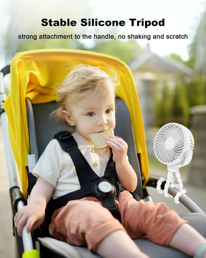 Clip on Stroller Fan, Rechargeable Long-Lasting Power Wind Fan,White