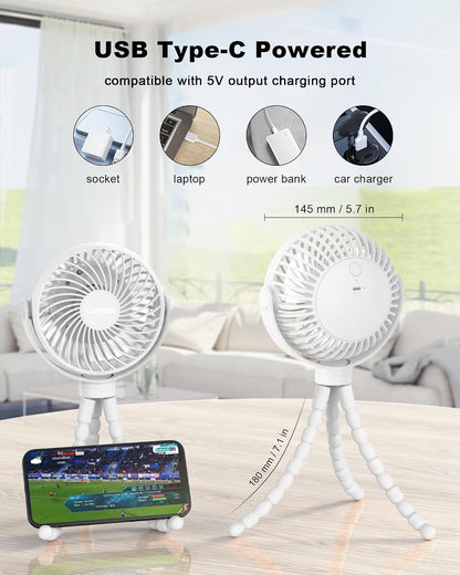 Clip on Stroller Fan, Rechargeable Long-Lasting Power Wind Fan,White