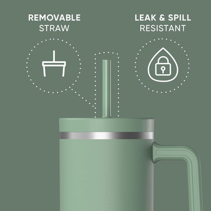 Voyager 32oz Insulated Tumbler with Handle & 2-in-1 Lid, Leak-Proof Stainless-Steel Travel Tumbler, Cupholder Friendly Reusable Water Bottle Built for Work, Gym, or Class Commute (Sage Leaf)