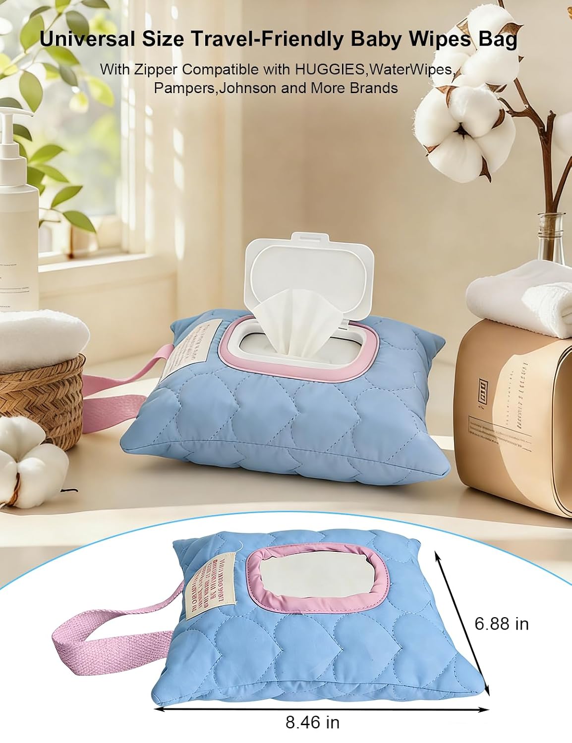 Reusable Baby Wipe Cover Fabric Quilted, Universal Size Travel-Friendly Baby Wipes Bag with Zipper Compatible with HUGGIES,WaterWipes,Pampers,Johnson and More Brands (Pink)
