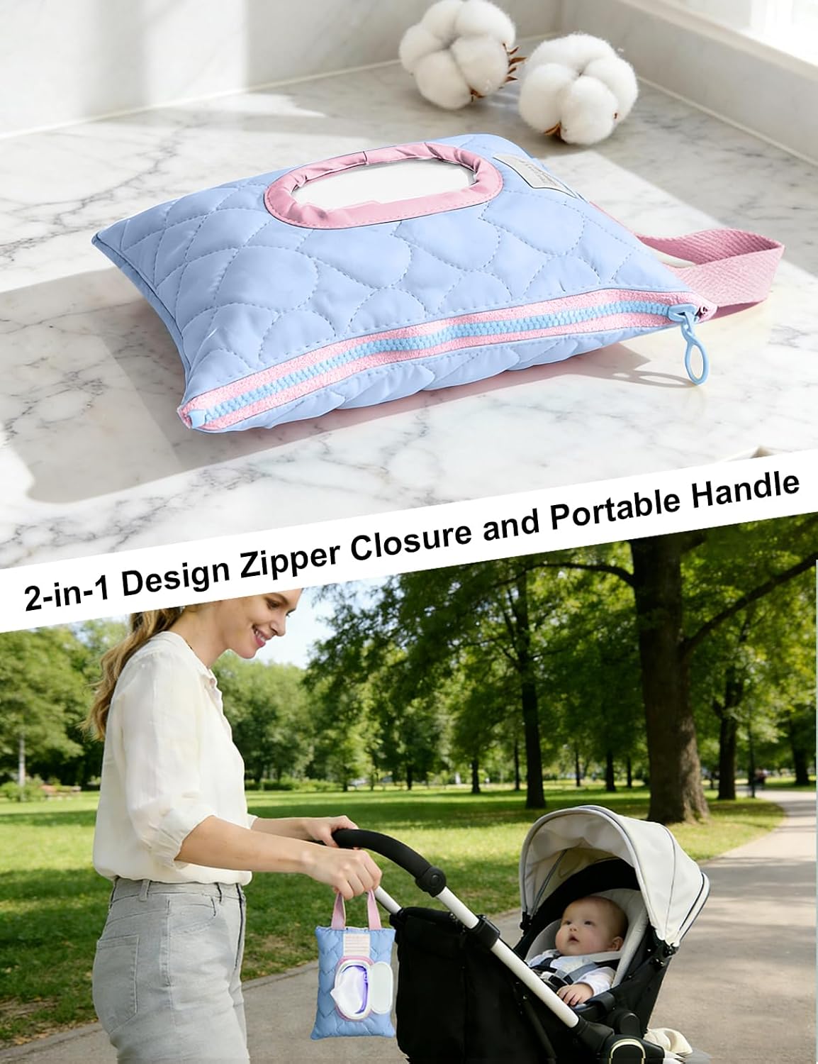 Reusable Baby Wipe Cover Fabric Quilted, Universal Size Travel-Friendly Baby Wipes Bag with Zipper Compatible with HUGGIES,WaterWipes,Pampers,Johnson and More Brands (Pink)