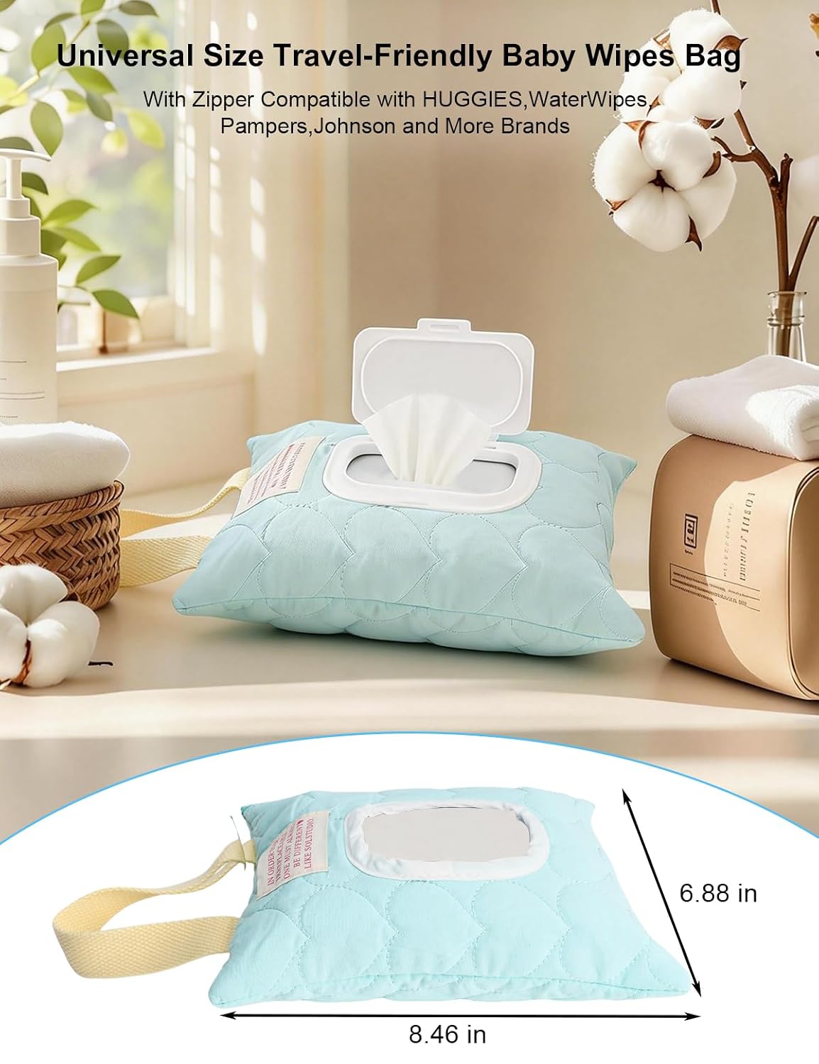 Reusable Baby Wipe Cover Fabric Quilted, Universal Size Travel-Friendly Baby Wipes Bag with Zipper Compatible with HUGGIES,WaterWipes,Pampers,Johnson and More Brands (Pink)