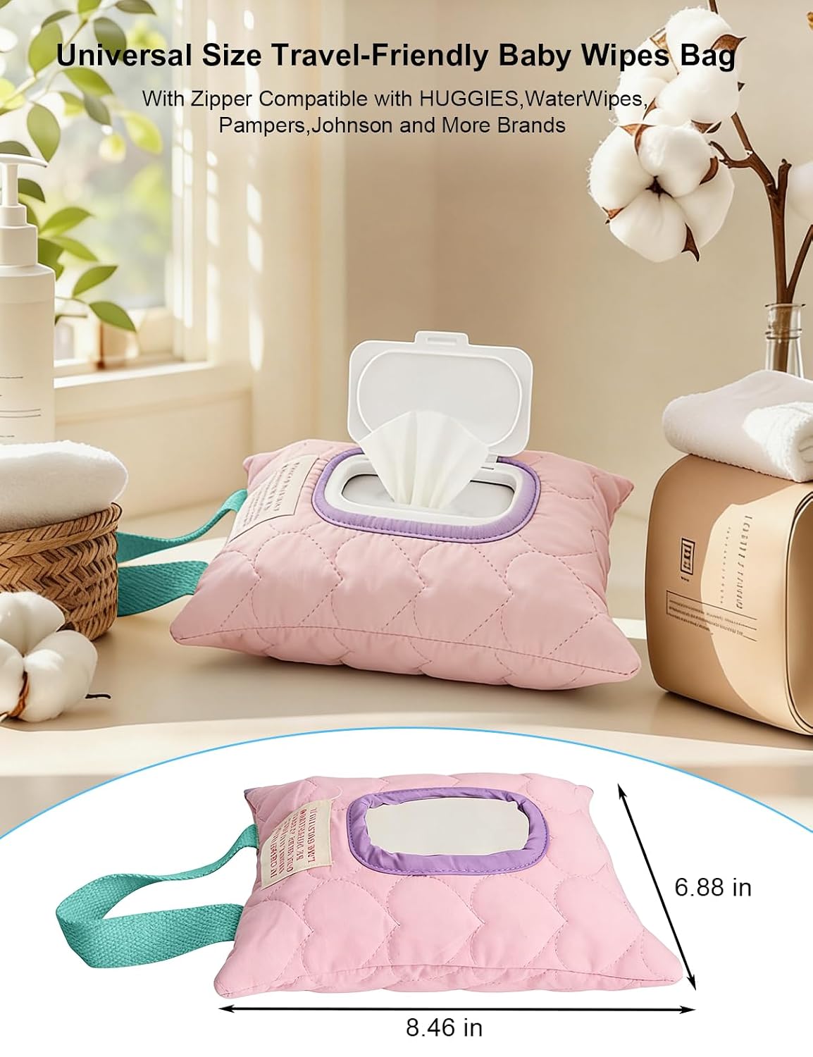 Reusable Baby Wipe Cover Fabric Quilted, Universal Size Travel-Friendly Baby Wipes Bag with Zipper Compatible with HUGGIES,WaterWipes,Pampers,Johnson and More Brands (Pink)