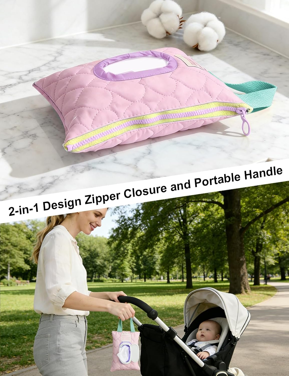 Reusable Baby Wipe Cover Fabric Quilted, Universal Size Travel-Friendly Baby Wipes Bag with Zipper Compatible with HUGGIES,WaterWipes,Pampers,Johnson and More Brands (Pink)