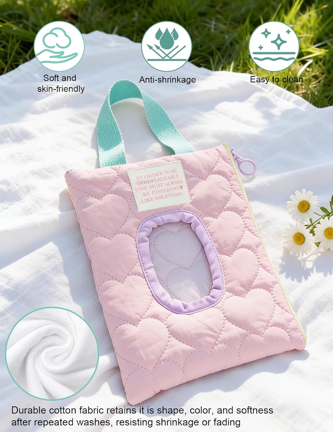 Reusable Baby Wipe Cover Fabric Quilted, Universal Size Travel-Friendly Baby Wipes Bag with Zipper Compatible with HUGGIES,WaterWipes,Pampers,Johnson and More Brands (Pink)