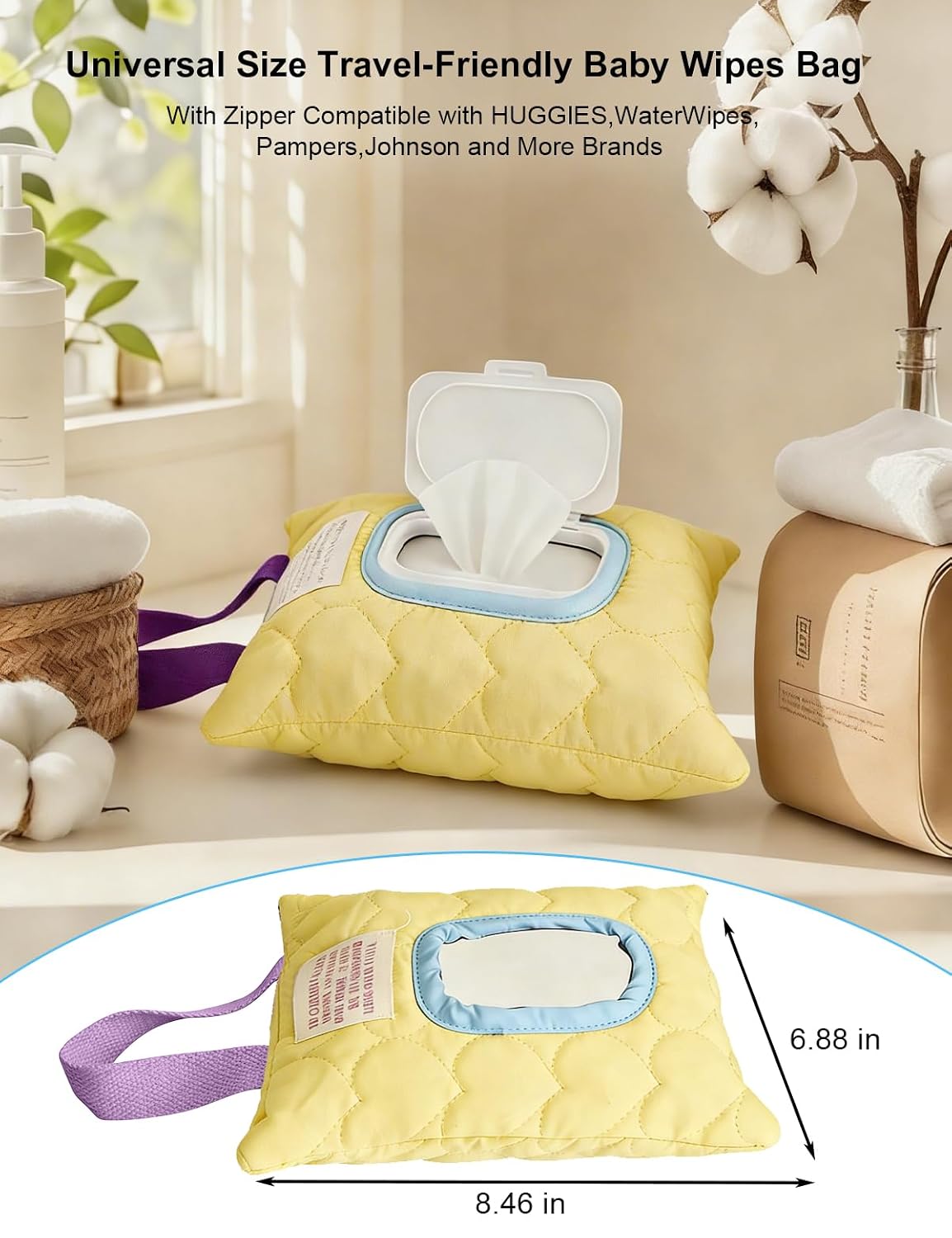 Reusable Baby Wipe Cover Fabric Quilted, Universal Size Travel-Friendly Baby Wipes Bag with Zipper Compatible with HUGGIES,WaterWipes,Pampers,Johnson and More Brands (Pink)