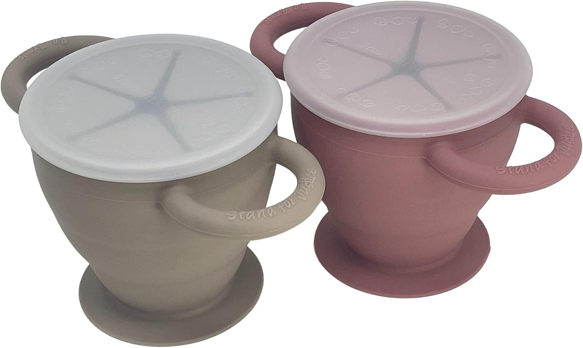 Snack Attack II Baby Silicone Snack Cup | 2 pack | Collapsible Toddler Snack Cup (Fog and Dusty Rose)