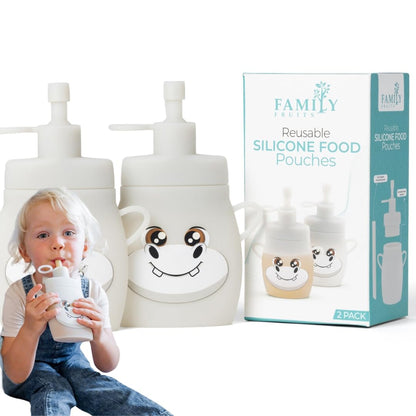 BPA Free, Silicone, Reusable Pouches for Toddlers 2 Pack Hippos, Easy to Clean Fill, Reusable Baby Food Pouches, Homemade Organic Smoothie, Puree, Applesauce, Yogurt, Refillable Food Pouches