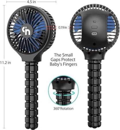 WEGA Stroller Fan Rechargeable Portable Battery Operated Car Seat Baby Fan,3 Speeds USB Personal Fan for Crib Treadmill HomeOffice and Travel (Black)