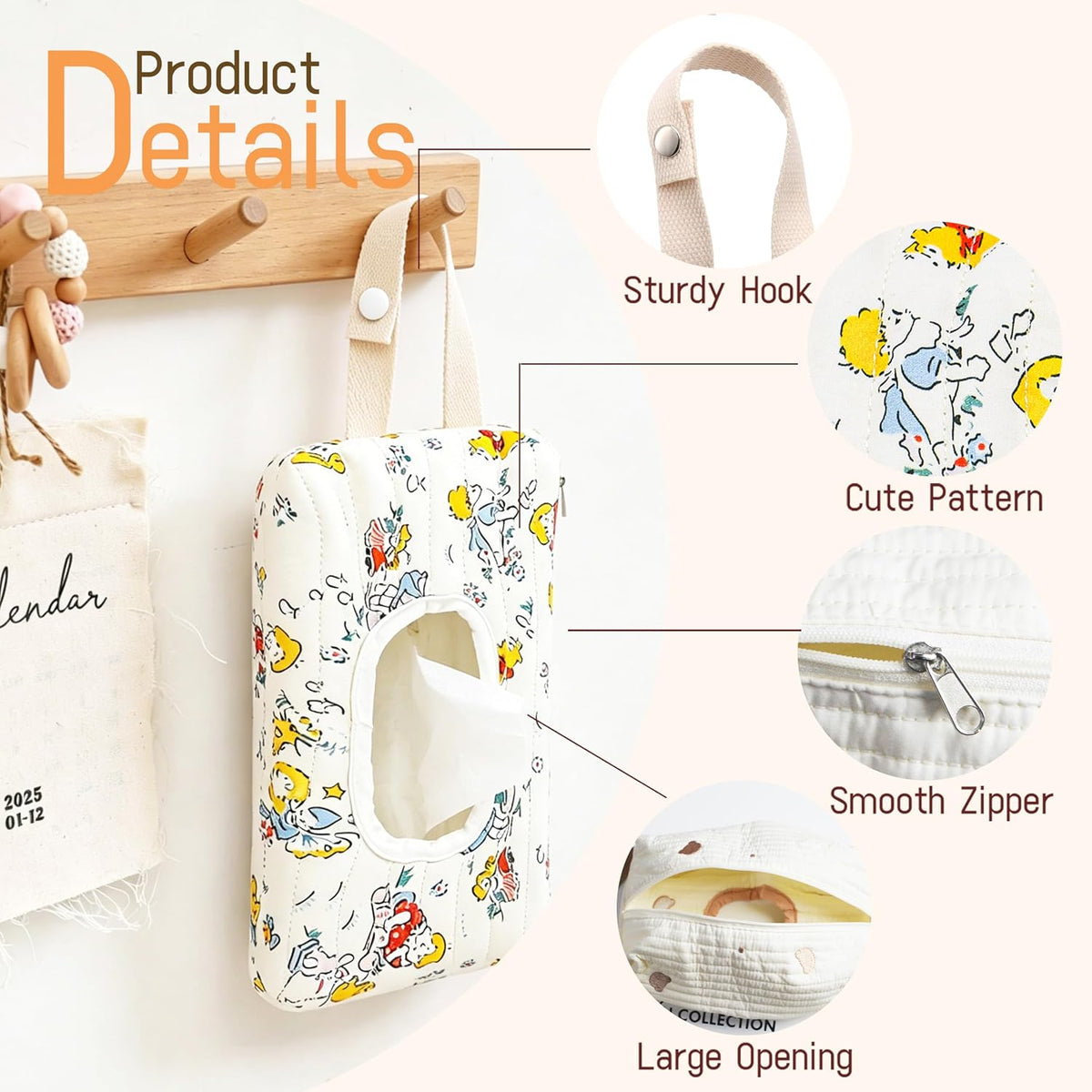 Quilted Baby Wipe Holder Floral Diaper Pouch Portable Quilted Wipes Bag for Car, Stroller (Beige Pattern)
