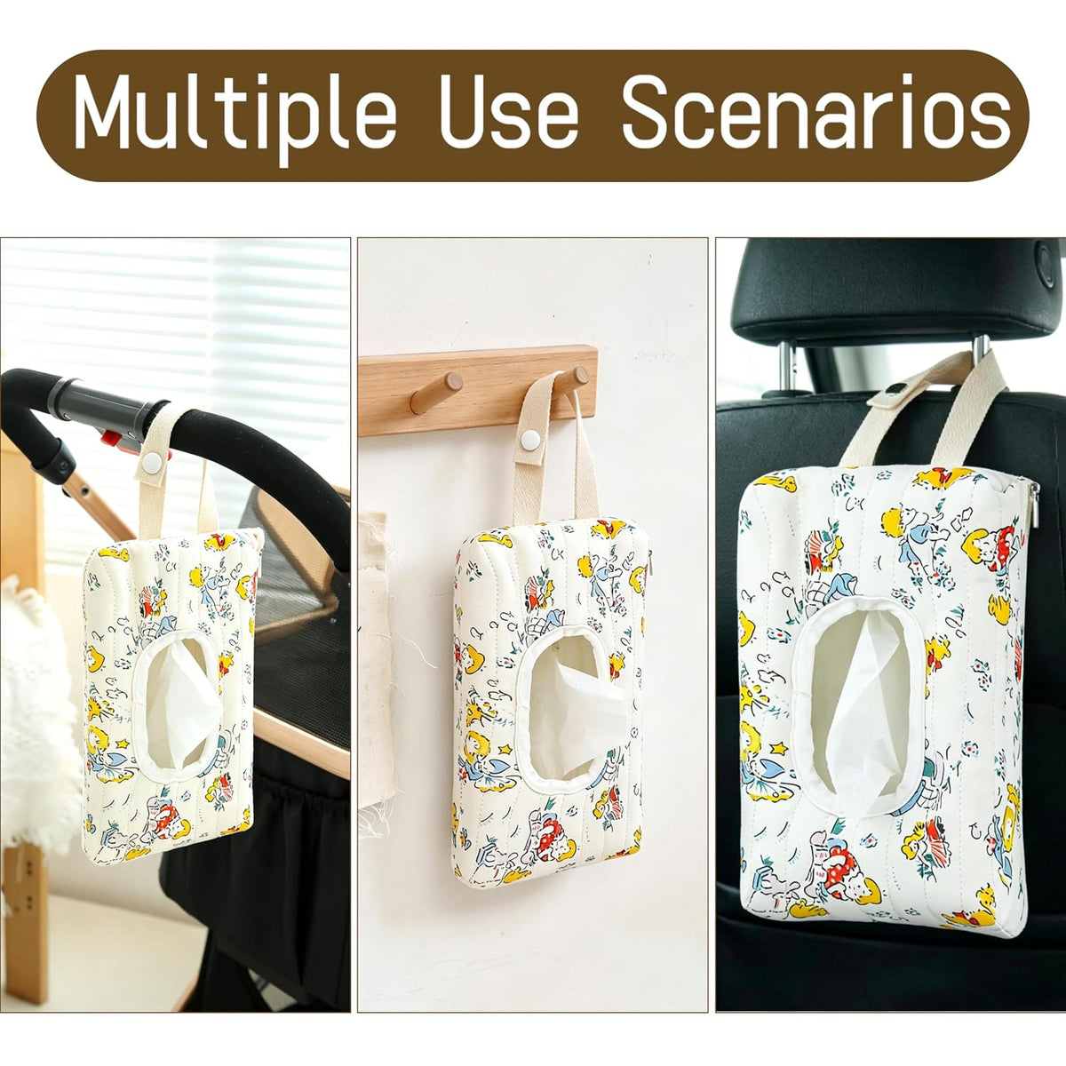 Quilted Baby Wipe Holder Floral Diaper Pouch Portable Quilted Wipes Bag for Car, Stroller (Beige Pattern)