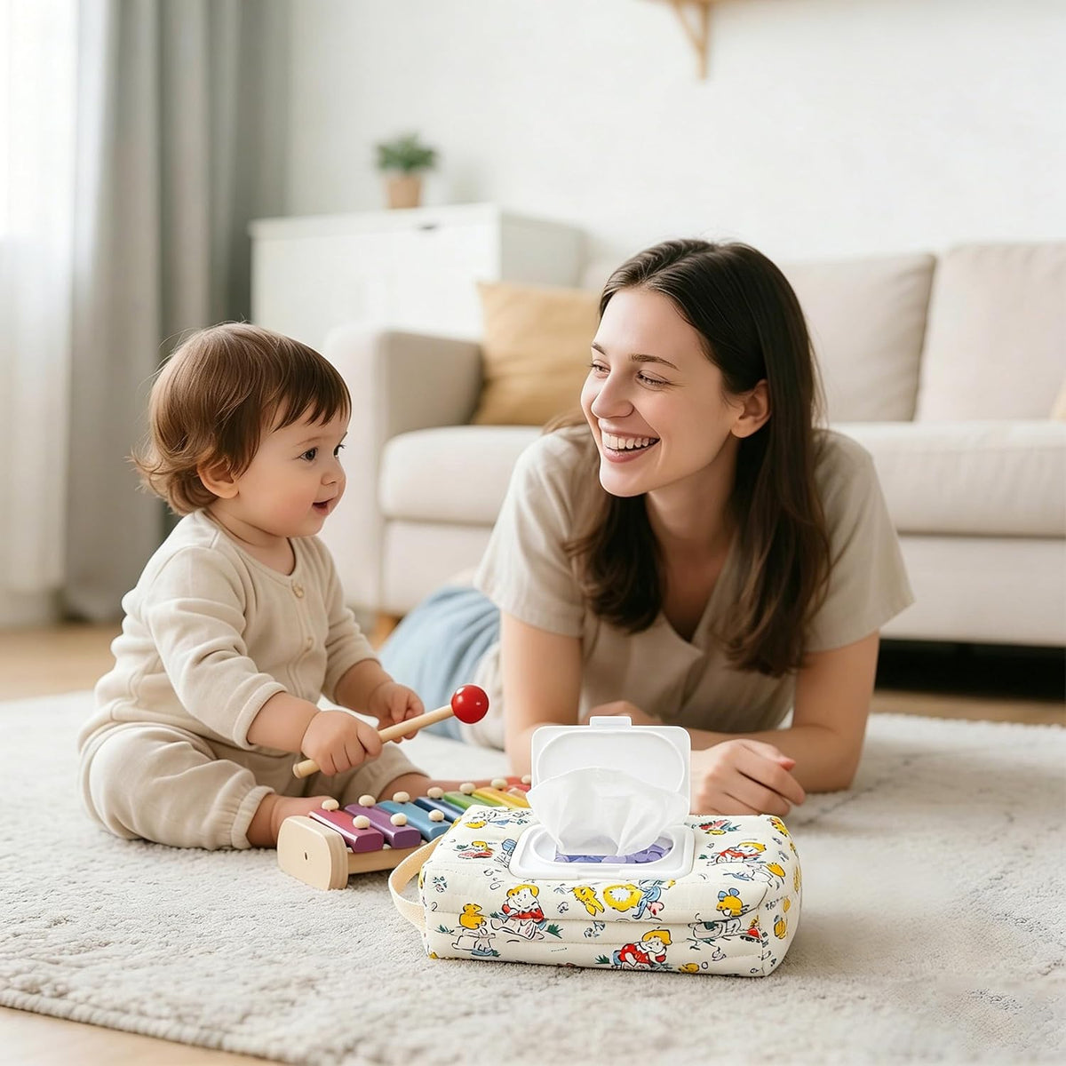 Quilted Baby Wipe Holder Floral Diaper Pouch Portable Quilted Wipes Bag for Car, Stroller (Beige Pattern)