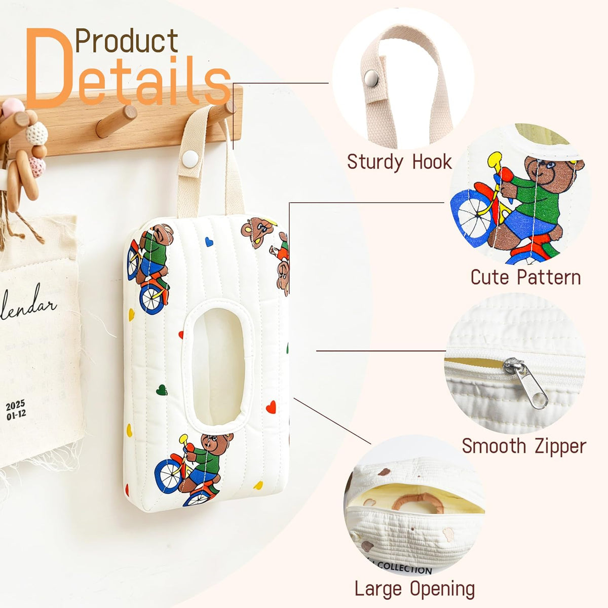 Quilted Baby Wipe Holder Floral Diaper Pouch Portable Quilted Wipes Bag for Car, Stroller (Beige Pattern)