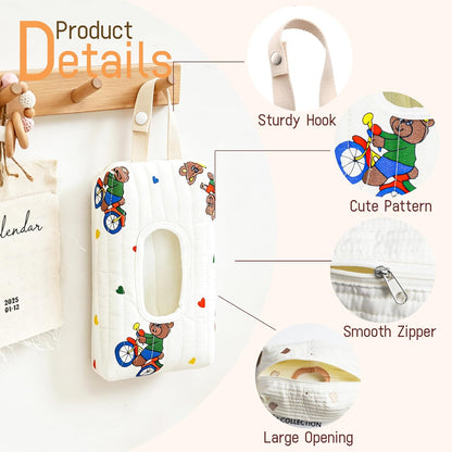 Quilted Baby Wipe Holder Floral Diaper Pouch Portable Quilted Wipes Bag for Car, Stroller (Beige Pattern)