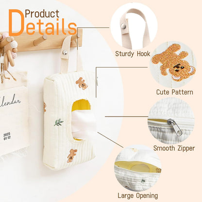 Quilted Baby Wipe Holder Floral Diaper Pouch Portable Quilted Wipes Bag for Car, Stroller (Beige Pattern)