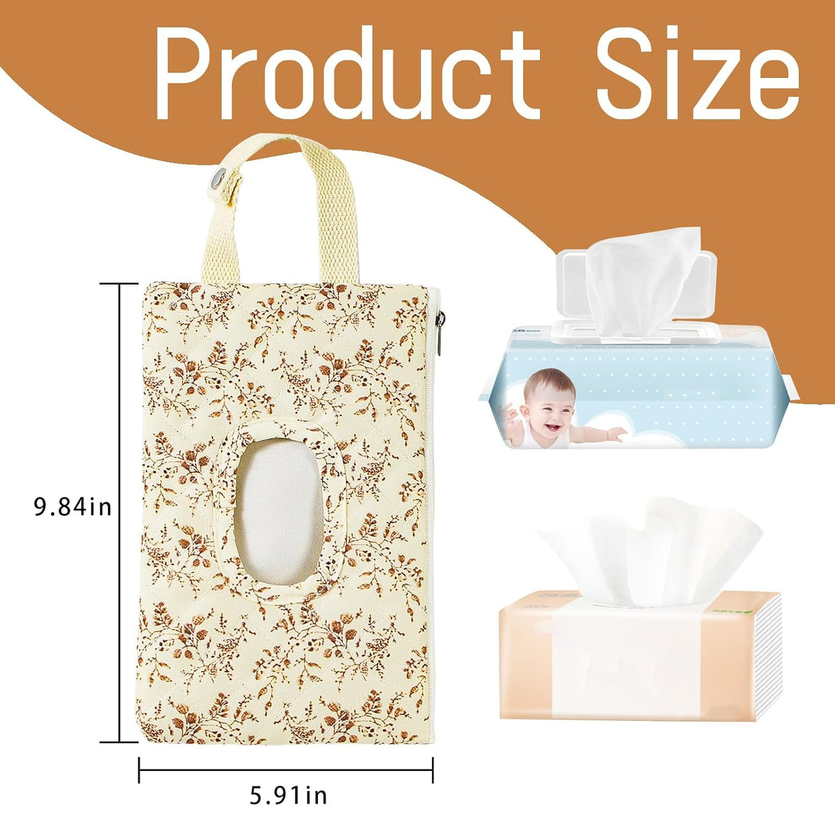 Quilted Baby Wipe Holder Floral Diaper Pouch Portable Quilted Wipes Bag for Car, Stroller (Beige Pattern)