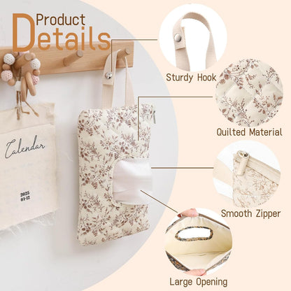 Quilted Baby Wipe Holder Floral Diaper Pouch Portable Quilted Wipes Bag for Car, Stroller (Beige Pattern)