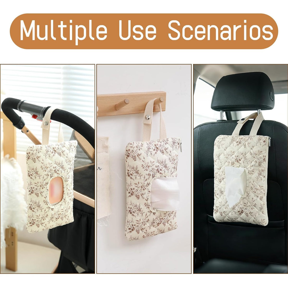 Quilted Baby Wipe Holder Floral Diaper Pouch Portable Quilted Wipes Bag for Car, Stroller (Beige Pattern)