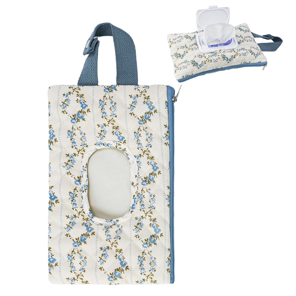 Quilted Baby Wipe Holder Floral Diaper Pouch Portable Quilted Wipes Bag for Car, Stroller (Beige Pattern)